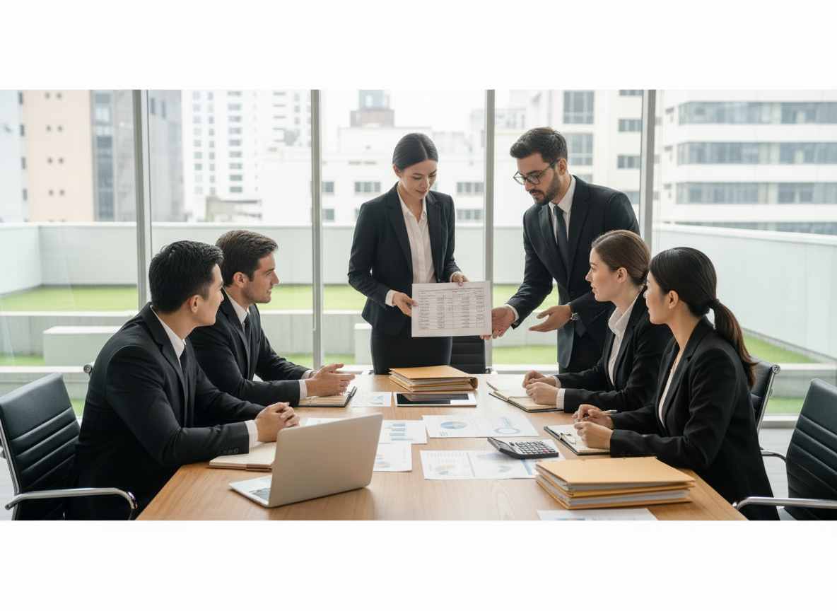 Keep the same professional accounting-firm meeting scene, people, composition, lighting, and overall subject. Replace any visible graphs or charts with clear financial figures and numeric data on reports, spreadsheets, and documentsβsuch as revenue, expenses, profit, percentages, and balance-sheet numbers. Keep all figures subtle and realistic, with no prominent readable brand names or logos. Do not change the people or meeting-room setting.