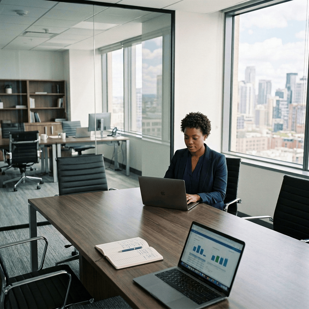 Ledger and laptop on desk