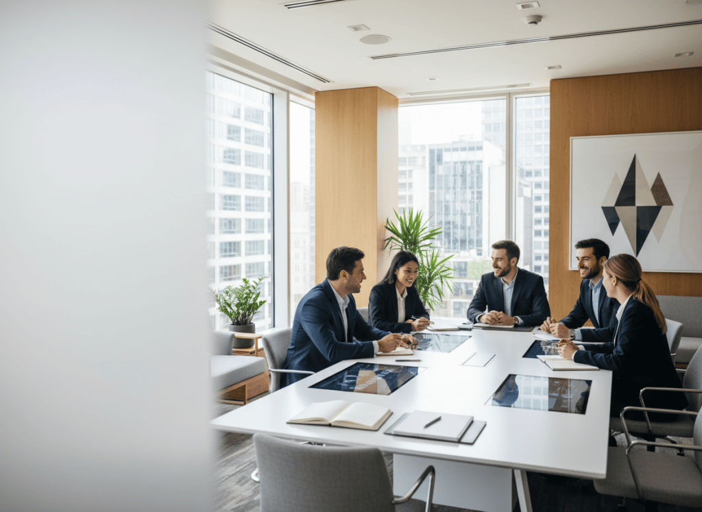 A polished, authentic hero image for a public accounting and business advisory firm: a diverse professional team in a bright modern office, collaborating confidently around a table, contemporary corporate style, natural lighting, welcoming and trustworthy atmosphere, clean composition with some open space for website text, no text or logos.
