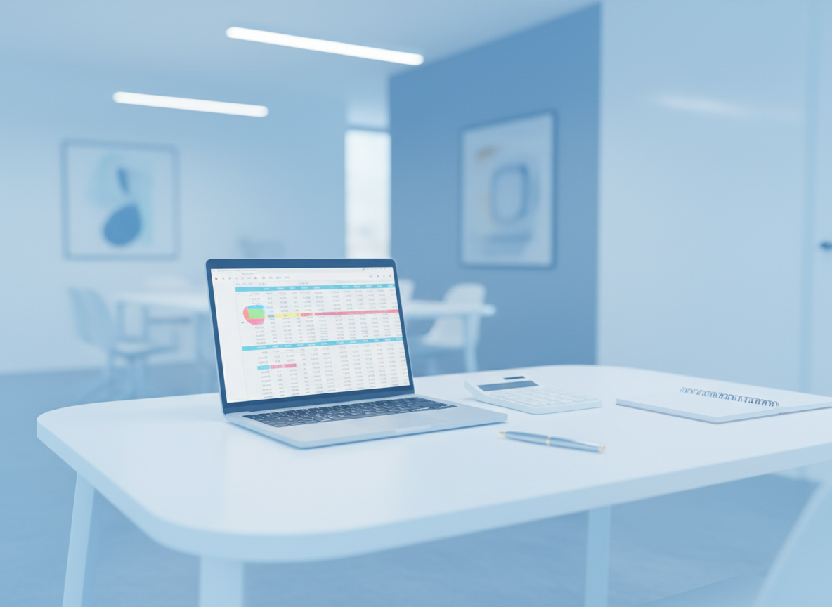 Bright accounting desk with laptop, calculator and notebook in soft blue tones